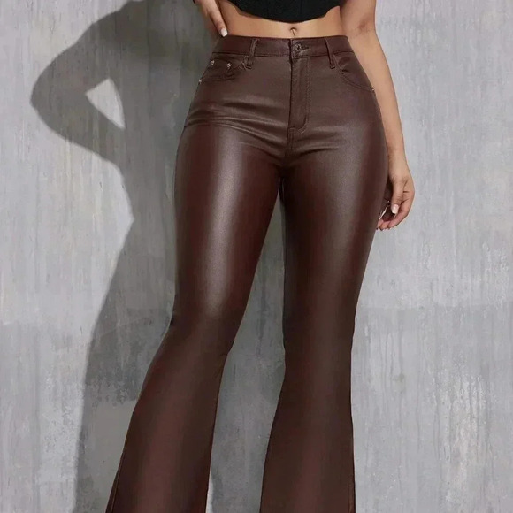 Chocolate Brown Casual Women's Tall Slim Fit Flared Pants - Picture 4 of 6